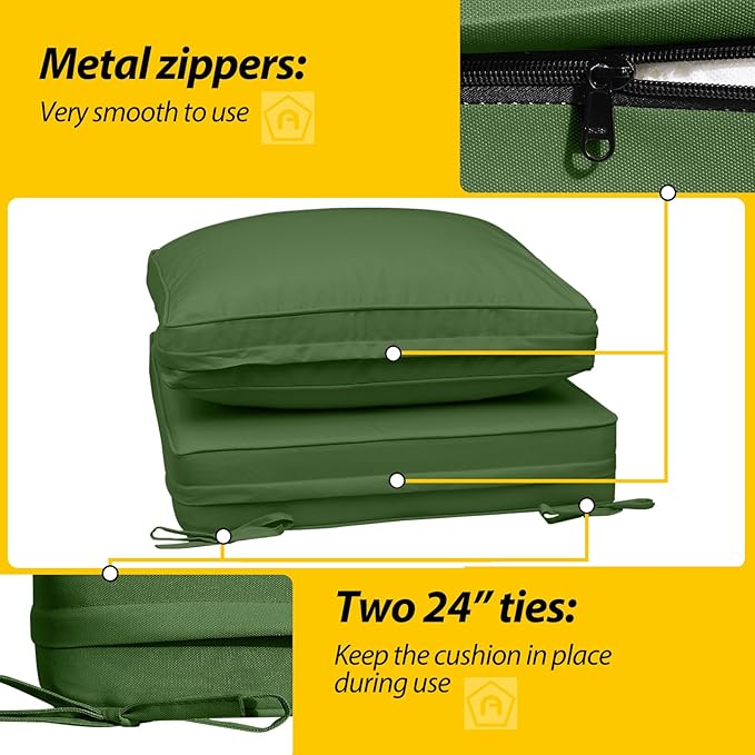 AAAAAcessories Outdoor Deep Seat Cushions with Double Welted Pillow, Waterproof, Fade-Resistant Patio Furniture Replacement Cushions, 23.5" x 25.5" x 5" + 23.5" x 19", Dark Moss Green
