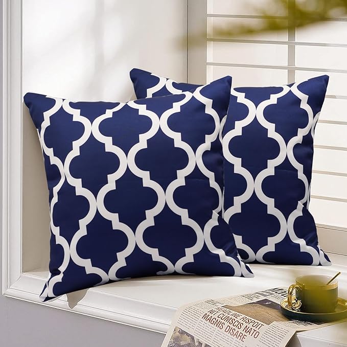 Pack of 2 Outdoor Waterproof Throw Pillow Covers 18x18 Navy Blue and White Throw Pillow Covers Outdoor Pillows Covers for Patio Furniture Garden Balcony Sunbrella Outside(No Pillow Insert)