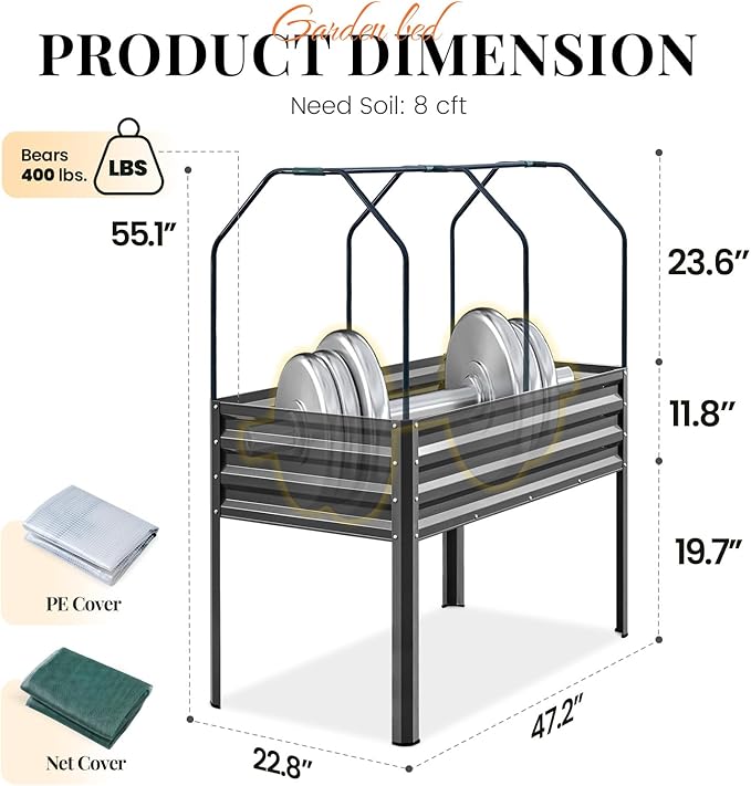KING BIRD Large Raised Garden Bed with Cover & Netting Galvanized Elevated Planter Box with Legs 48×24×56 in for Backyard, Patio, Balcony, 400lb Capacity, Dark Grey