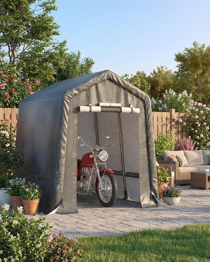 6x8Ft Motorcycle Carport, Heavy Duty Motorcycle Shed with Roll-Up Door & Vent, Outdoor Portable Storage Shed, Waterproof & UV-Resistant, Storage Sheds for Motorcycle, Firewood, Tools
