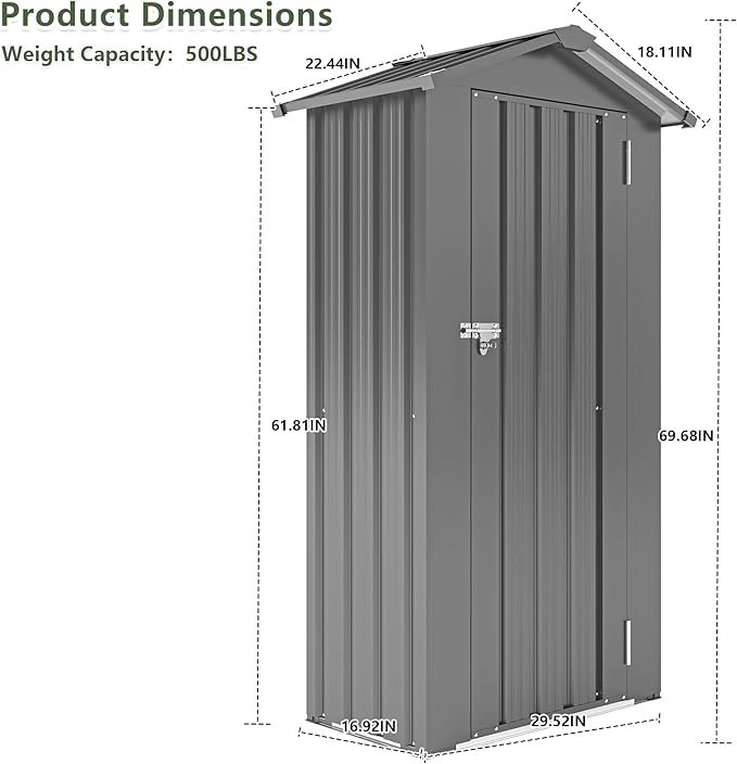 KEIKI Outdoor Storage Shed, 69.7''x16.9''x29.5'' Metal Tool Shed with Sloping Roof & Lockable Door, Small Shed, Top Tall Vertical Tool Cabinet for Backyard Garden Patio Lawn, Black