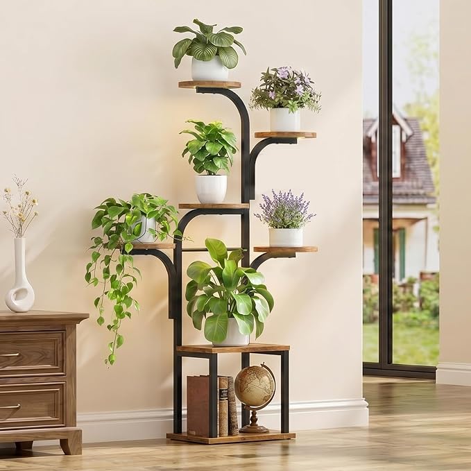 HOOBRO Plant Stand and End Table, 47.2" Tall Metal Plant Shelf, 7 Tiered Corner Plant Stand, C Shaped Side Table with Tempered Glass, 24.4’’ Small Side Table for Sofa, BF09DHJ01-GD08SF01
