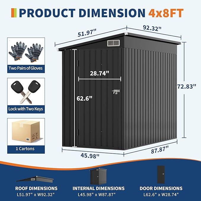 4×8 ft Lean to Storage Shed, Heavy-Duty Outdoor Metal Storage Shed, Garden Tool Metal StorageHouse W/Lockable Door and 2 Air Vents
