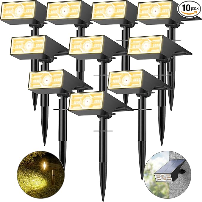 Solar Spot Lights Outdoor,10 Pack/56 LED Outdoor Lights for Yard Waterproof IP68, 4 Lighting Modes Solar Landscape Spotlights, Auto On/Off Solar Powered Flood Lights Garden Pathway,Warm White