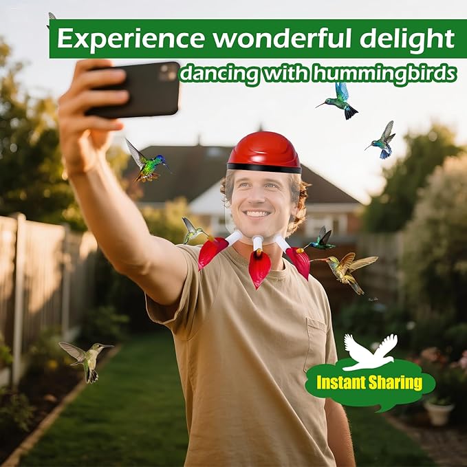 2025 Upgraded Hummingbird Feeder Helmet | Wearable Hummingbird Mask Feeder with Anti-Fog Lens & Bionic Flower | Adjustable for Adults & Teens Lightweight PVC Red