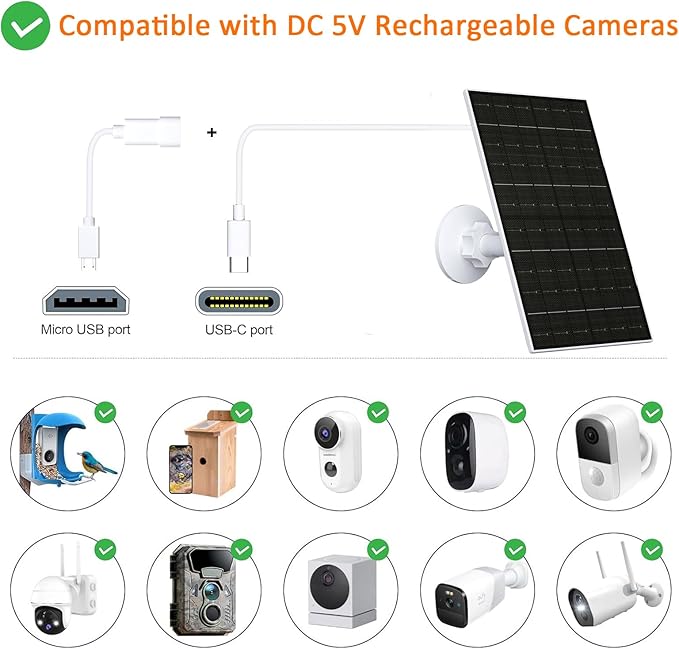 FUTUREZEN 6W Solar Panel for Security Camera Outdoor, 5V USB/USB-C Solar Charger Compatible with Rechargeable Battery Cameras, IP66 Waterproof, 360° Adjustable Mount, 9.8ft Cable (2 Pack, White)
