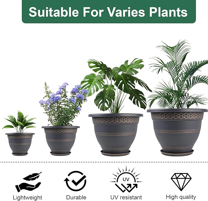 Usocik 10 Inch 4 Pack Plant Pots, Plastic Flower Pot for Indoor & Outdoor with Drainage Holes & Saucer, Plaid Pattern Planters Garden Pots for Herbs