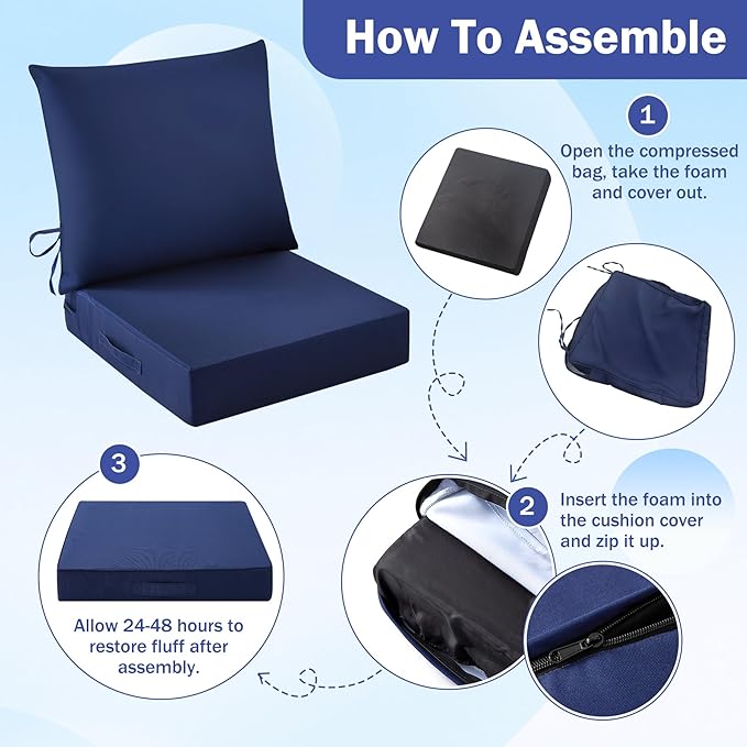 IASEAHK Outdoor Seat Cushion Set, Waterproof & Fade Resistant Patio Chair Cushions, Outdoors Cushion for Patio Furniture, 24 x 24 x 4 Inch, Outdoor Couch Cushions with Handle and Ties, Navy Blue