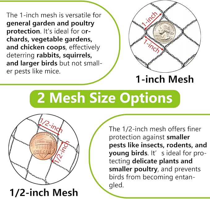 10x10ft Bird Netting for Chicken Coop Poultry Netting 1/2 inch Mesh Heavy Duty Chicken Coop Cover Netting Roof Hawk Proof Bird Netting for Garden Protection Fruit Tree Netting Against Squirrels Deer