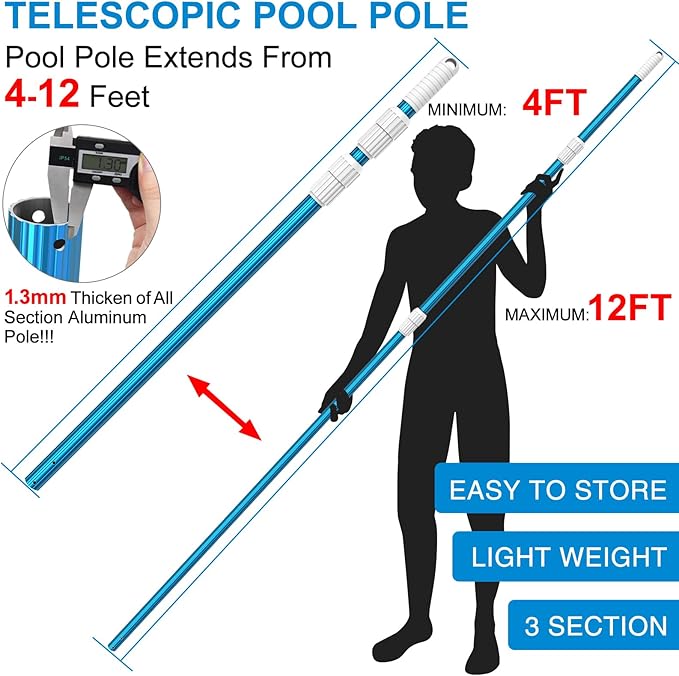 CKE Upgraded 12 Feet Thicken 1.3mm Blue Aluminum Telescoping Swimming Pool Pole,Adjustable 3 Piece Expandable Step-Up,Attach Connect Skimmer Nets,Rakes,Brushes,Vacuum Heads with Hoses, Universal 1.25"
