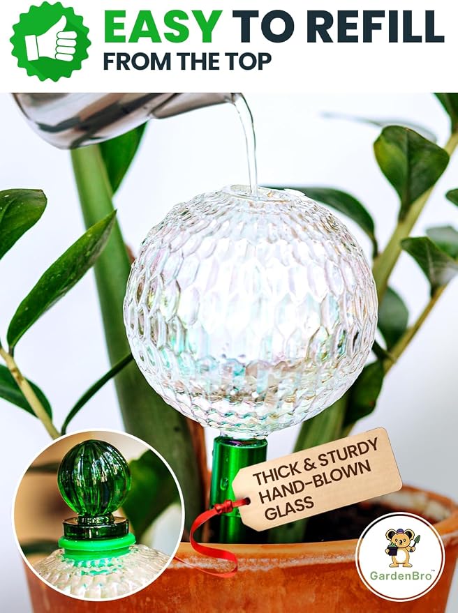 16 Oz Plant Watering Globes for Indoor Plants with Metal Self Watering Planter Insert - Premium XL Glass Hand-Blown Globe - Automatic Plant Waterer Indoor, Gift Idea for Gardeners [1 Globe, Textured]