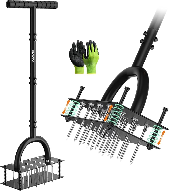 Grenebo Lawn Aerator Manual Aerator Lawn Tool with 16 Spikes, Metal Grass Aerator for Yard, Lawn Aeration, Automatic Soil Ejection, Pre-Assembled Lawn Aerator Tool (Black)