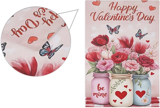 Happy Valentine’s Day Flowers Pink House Flag 28x40 Inch Double Sided Outside Love Tulip Rose Spring Butterfly Seasonal Yard Outdoor Flag Banner for Garden Lawn Patio Holiday Decorations