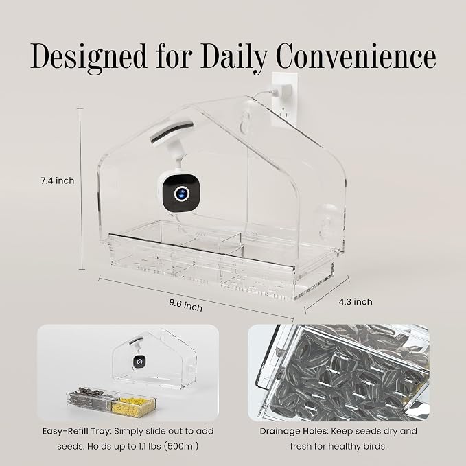 Smart Window Bird Feeder Camera with AI, Modern Design for Panoramic Views, 2K HD Live Feed, USB Powered & Secure Suction Mount - The Ultimate Tech Gift (Clear)
