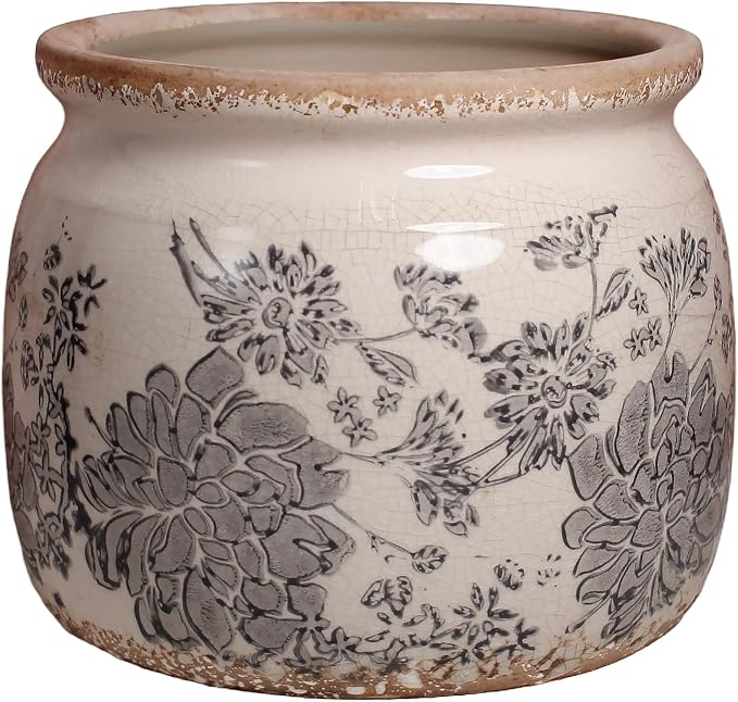 Modern Farmhouse Ceramic Planter for Home Decor, 6.29 Inch Vintage Plant Pot Indoor with Drainage Hole for Succulent Rosemary Plant, Distressed Pottery Vase for Office Balcony Decoration & Gift (Gray)
