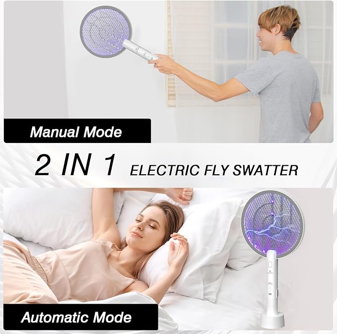 Bug Zapper Racket, 2 Mode Electric Fly Zapper USB Rechargeable, 4000V Electric Fly Swatter with 3 Layer Safety Mesh, Indoor Outdoor Bug Zapper Racket for Kitchen, Bedroom, Camping(2 Pack