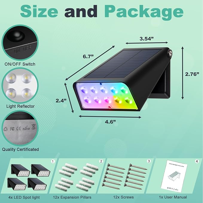 Solar Lights Outdoor Waterproof, 6-Mode RGBW Color Changing, Father's Day 4th of July Decor Gift, 90° Adjustable, Auto On/Off for Fence, Patio, Garden, Yard, Pathway, Porch (4-Pack)