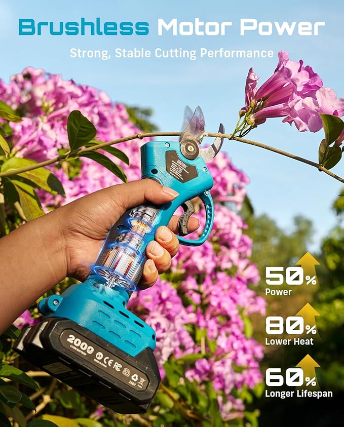 SEESII Electric Pruning Shears for Garden: 1.4" Cutting Cordless Power Pruner, 2 * 2000mAh Batteries, Brushless Motor, Extra SK5 Blade, 2 Modes Battery Powered Branch Cutter for Tree Trimming