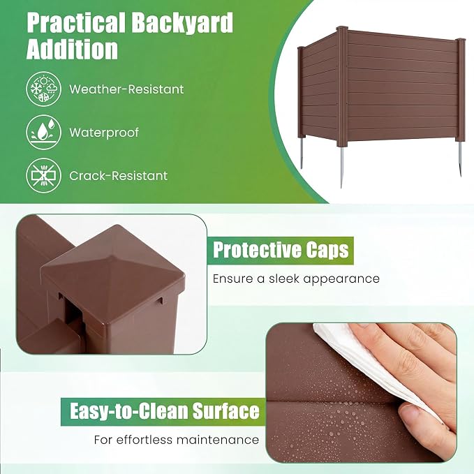 HAPPYGRILL Air Conditioner Fence, 3 Panels Outdoor Privacy Screen with Metal Stakes, No Dig Pool Equipment Enclosure, 48" x 38" Trash Can Screen Fence Kit for Outside Backyard, Brown