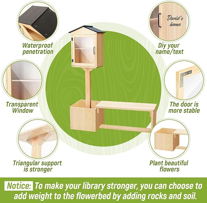 Wonderjune Little Library Box Outdoor, Weatherproof Solid Wood Free Library with Matching Wooden Seats Floor Plugs and Small Flower Fence for Neighborhoods Community School(Wood)