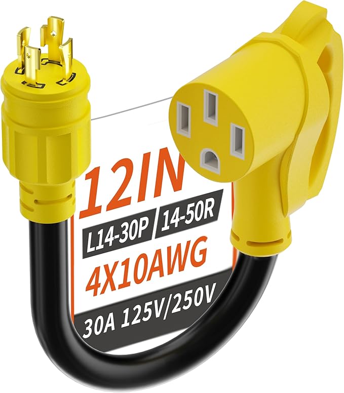 PlugSaf 4 Prong 30 Amp to 50 Amp RV Generator Adapter Cord, NEMA L14-30 Twist Lock Male Plug to NEMA 14-50 Female Plug, 12 Inch(1 FT) 10 Gauge STW Power Cord, Max 30A 125V/250V, Yellow, ETL Listed