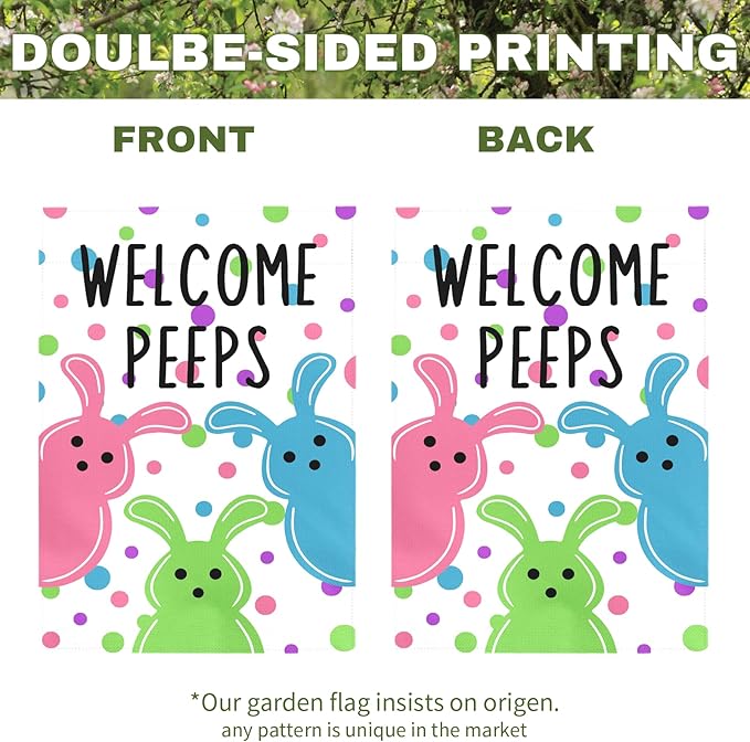 Welcome Peeps Garden Flag Easter Bunny Design Double Sided Outdoor Yard Flags Colorful Spring Porch Patio Lawn Farmhouse House Banners for Easter Egg Hunt Party Seasonal Home Décor 12x18 Inch