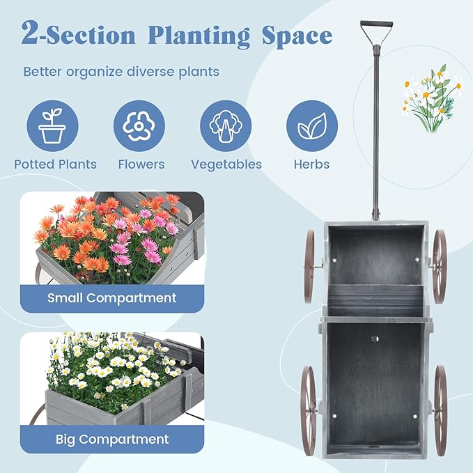 DORTALA Wood Wagon Planter, Outdoor Garden Flower Planter Cart with Wheels, Small Decorative Wood Raised Bed Plant Pot Box Stand for Backyard, Patio, Balcony, Grey