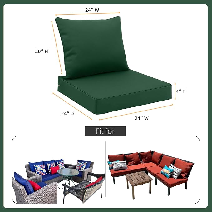 Favoyard Outdoor Patio Seat Cushion Set, 24x24 Inch, Water & Fade Resistant | Removable Cover Patio Furniture Cushion, Deep Seat & Back Cushion, Tie Straps Pads for Chair, Sofa, Couch, Dark Green