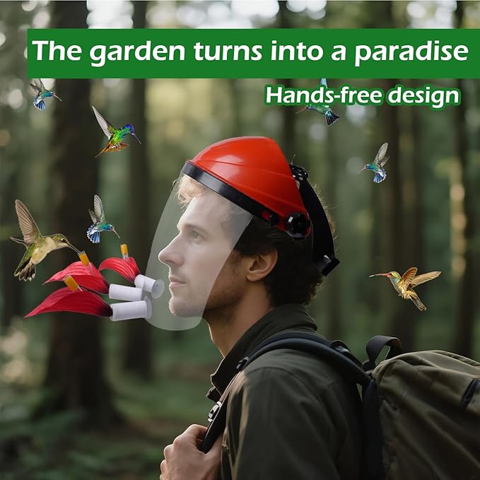 2025 Upgraded 2 Pack Hummingbird Feeder Helmet | Wearable Hummingbird Mask Feeder with Anti-Fog Lens & Bionic Flower | Adjustable for Adults & Teens Lightweight PVC Red