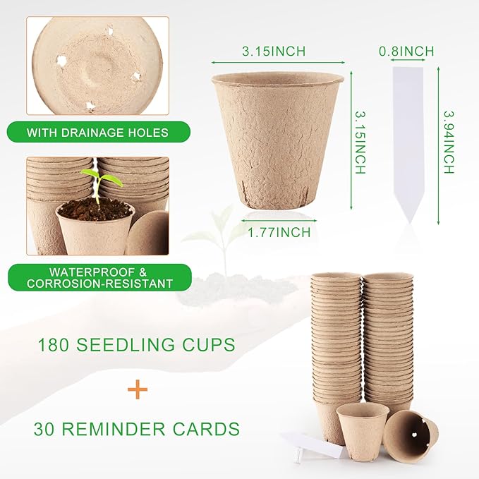 Vesici 220 Pcs Seed Starter Tray Kit Include 180 Peat Pots with Drainage Holes 10 Plastic Growing Trays, Plant Germination Trays for Seedling 30 Plant Labels for Greenhouse Seedling
