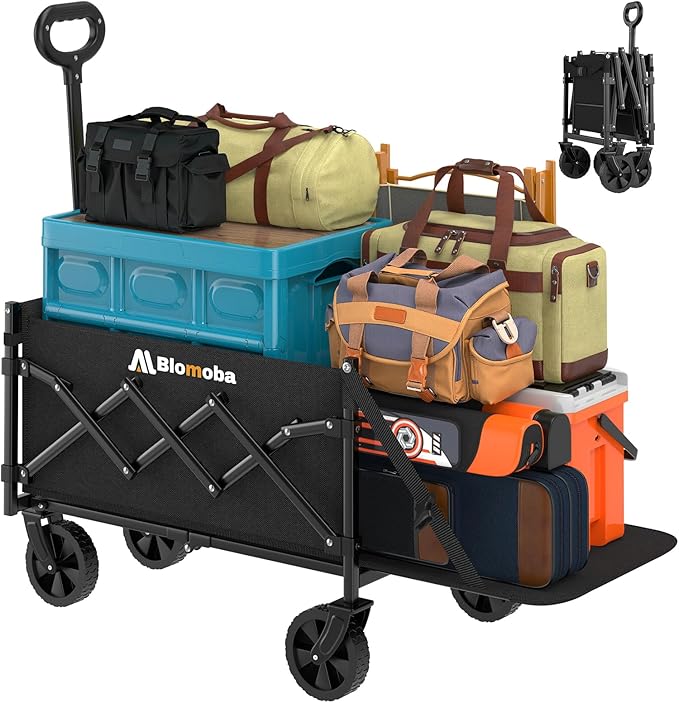 Blomoba 220LBS Foldable Wagon with All-Terrain Wheels, Portable Wagon Cart with Extended Tailgate, Adjustable Handle, Utility Cart for Camping, Shopping, Garden, Sports, Grocery, Black