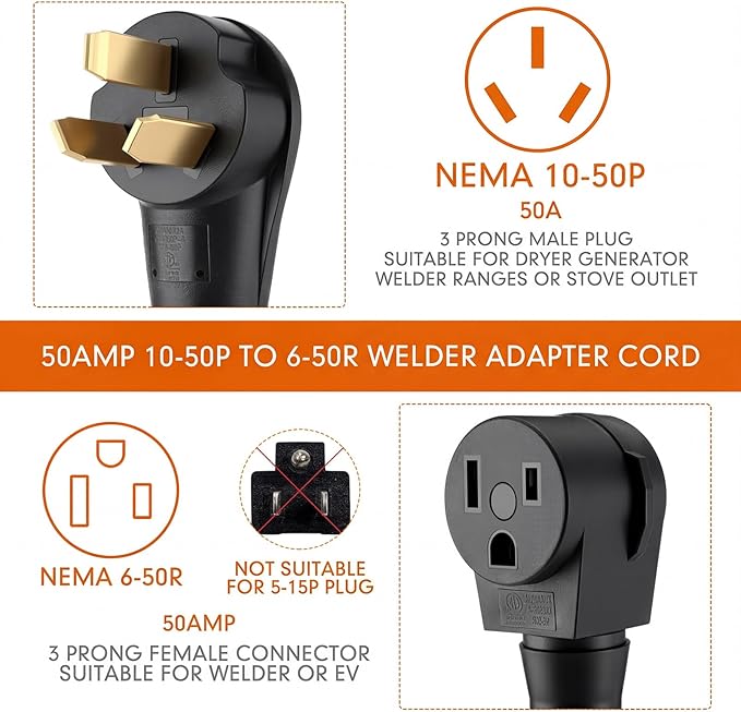 Kanayu 10-50P to 6-50R 50amp Welder Adapter Cord Compatible with NEMA, 3 Prong Range Stove Oven to Welder Plasma Cutter Adapter with Ergonomic Handle Heavy Duty STW 8 AWG*3C, 1ft, ETL Listed