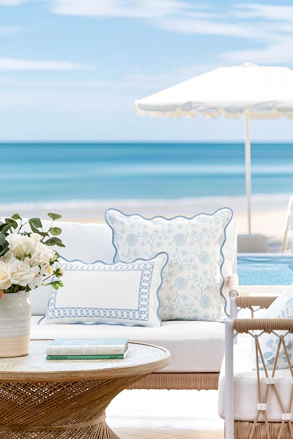 Hofdeco Premium Coastal Patio Indoor Outdoor Scalloped Lumbar Pillow Cover Only, 12"x20" Water Repellent for Backyard, Couch, Baby Blue Embroidered Begonia Pattern Chain Frame