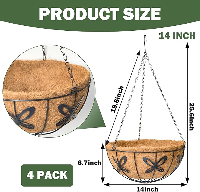 4 Pack 14 Inch Hanging Baskets for Plants Outdoor Metal Hanging Planter Basket with Coco Coir Liner Hanging Flower Baskets Hanging Flower Pots Holder for Garden, Patio(Butterfly)