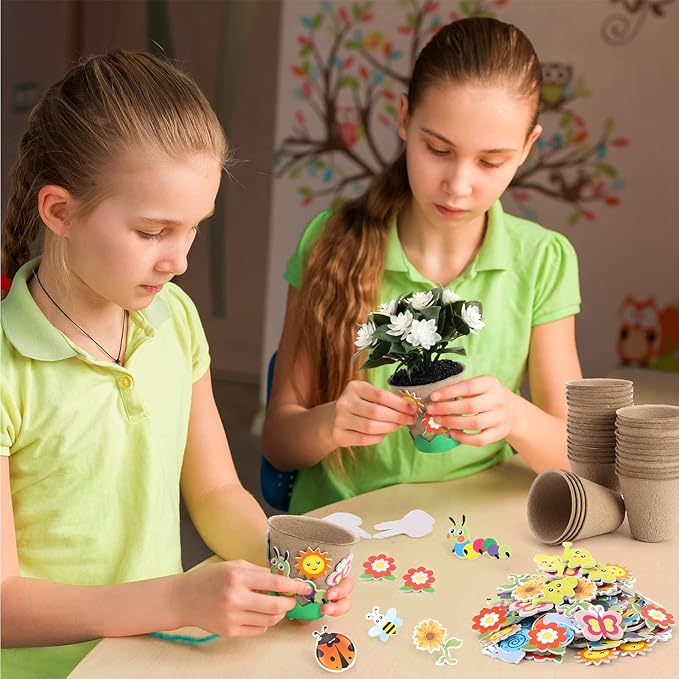 Ayfjovs Garden Paper Pot Craft Kit, 55 Pack Flower Plant Spring Craft for Kids with 200 PCS Adhesive Foam Stickers and 55 PCS Plastic Plant Labels for Kids Craft, Classroom Decor, Mother's Day