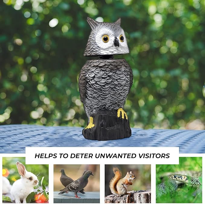 Owl Decoy to Scare Birds Away Scarecrow Fake Owl with Rotating Head 15" Tall