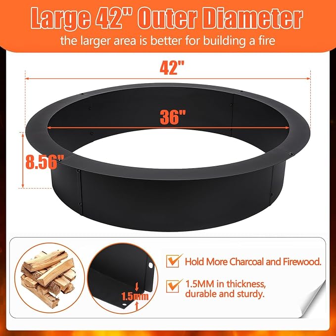 Smokeless Fire Pit Ring 42-Inch Outer/36-Inch Inner Diameter for Outside Fire Pit, Heavy Duty Steel Insert, DIY Ring Insert Accessories, Easy Setup Above or In-Ground for Backyard, Camping, Black