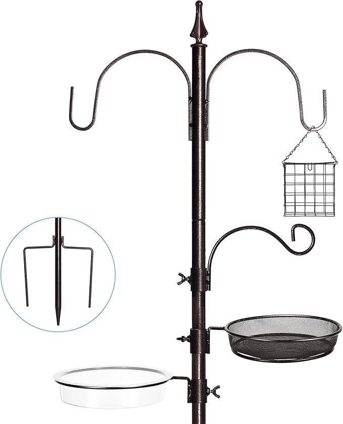 YINGYM Bird Feeder Stand Pole,77 Inch Feeding Station Kit for Outside, Wild Bird Feeder Hanging Kit with Metal Suet, Bird Bath and Mesh Tray, 3-Prong Base