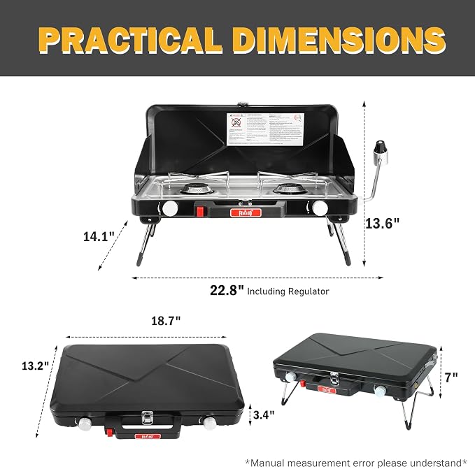 Feasto 2 Burner Propane Camping Stove with Folding Legs, Outdoor Portable Camp Stove with Push-Button Ignition & Wind Guards for Camping, Tailgating, BBQ, & More, Black