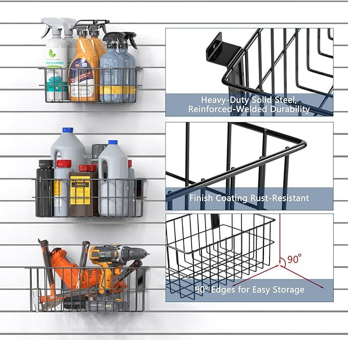 3-H Slatwall Accessories 24 Pack and Slatwall Baskets 3 Pack, Slatwall Wave Hooks & Hangers Multi Sizes for Use in Garage, Workshop, Store, and Studio for Organization and Display
