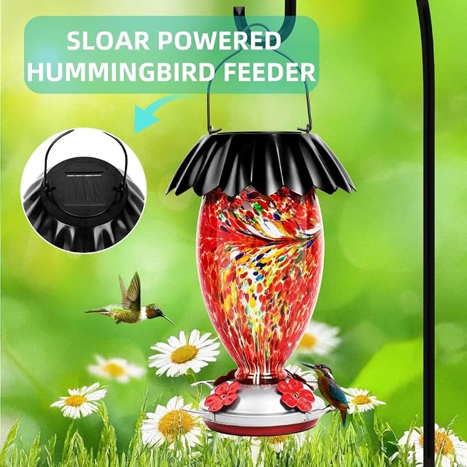 Solar Hummingbird Feeder for Outdoors Hanging Colorful Lighting 32 Oz Hand Blown Glass Hummingbird Feeder for Garden Decoration with Accessories (Red)