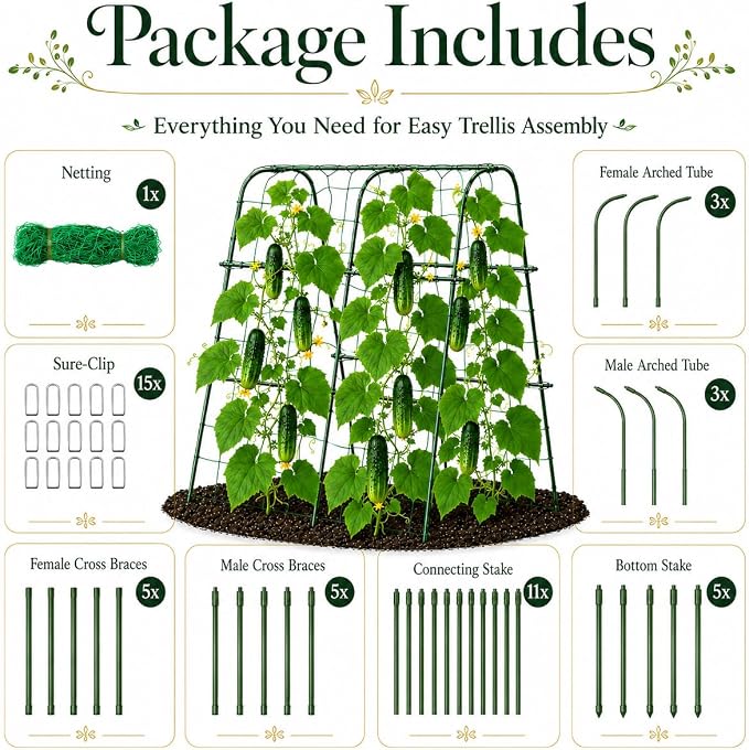 FOLLOOK Cucumber Trellis for Raised Garden Bed, Rustproof Metal Garden Arch Trellis for Climbing Plants Support Outdoor Fruit Grape Vine Vegetable Tomato Pole Bean Snap Pea Trellis, 48x48inch, Green
