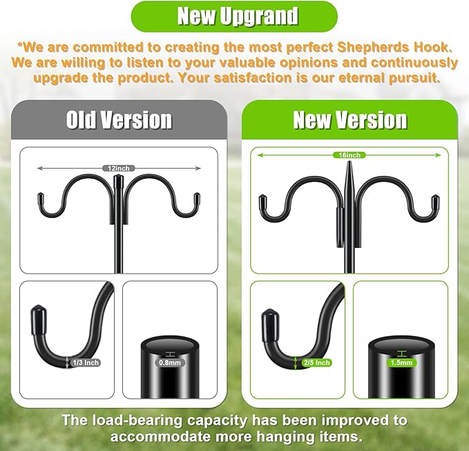 Gtongoko Bird Feeder Pole for Outdoors Heavy Duty, 77 Inch Double Shepherds Hook with 5-Prong Stable Base, 3/4 Inch Thick Hummingbird Feeder Stand for Hanging Plants, Lanterns, 1 Pack