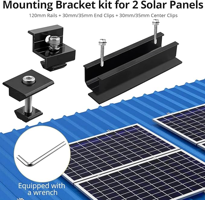 Anbte 6Pcs Solar Panel Mounting Kit, Aluminium 4.72" Solar Panel Mounting Rail & 30mm/35mm End Clamp & Mid Clamp, Solar Panel Mounting Brackets for Metal Roof, Tin Roof, Flat Roof, Sheet Roof, Black