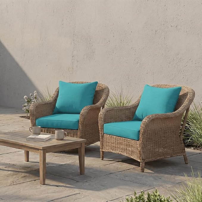 PatioGlow Outdoor Seat Cushion Set, 22" x 22" x 3.5", Set of 2, Water-Resistant & Fadeness Patio Furniture Cushions with Removable Cover & Ties, Thick Deep Seating Pads for Outside Sofa Couch, Teal