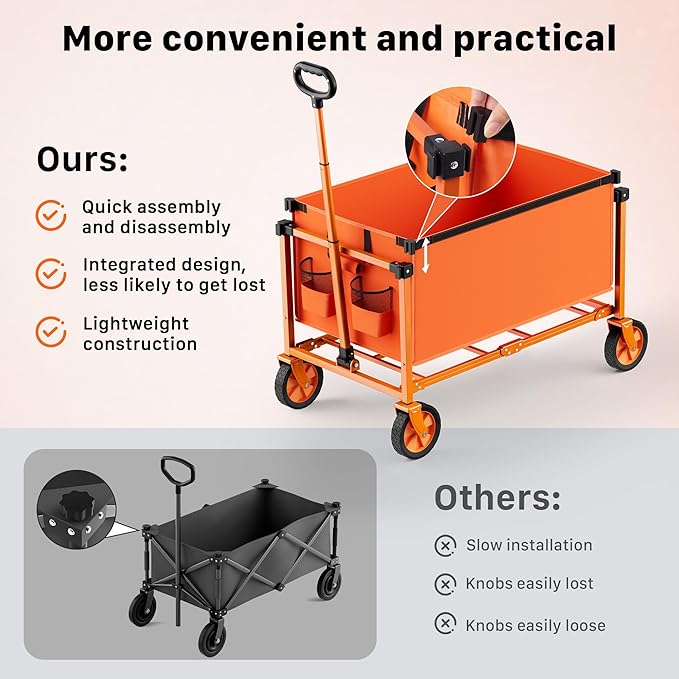 Collapsible Wagon Cart with Wheels, 150L Lightweight Foldable Utility Cart, Portable Rolling Wagon for Garden, Shopping, Sports, Camping, Transport, Tangerine