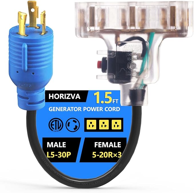 30 Amp to 20 Amp Generator Adapter, 3 Prong NEMA L5-30P Male to 3X 5-20 Female, Distribution Locking Cord with Circuit Breaker, 12/3 Guage Household Adapter, 1.5FT, ETL Listed