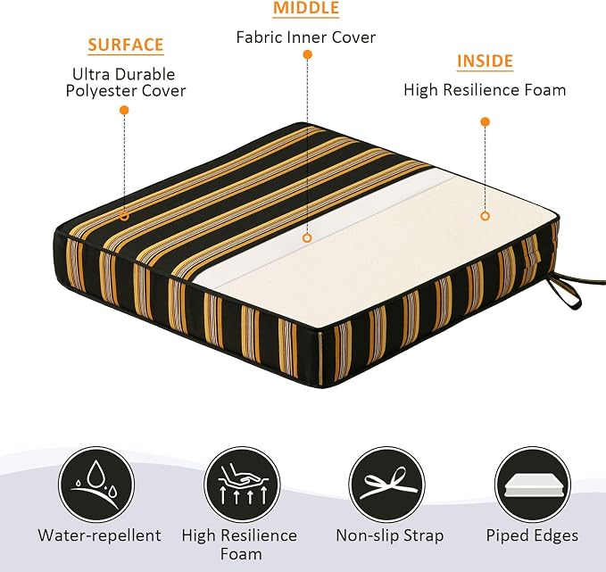 Unimatta Square Corner Seat Cushions, 19" x 19" x 3", Set of 4, Indoor Outdoor Water Repellent Universal Chair Pads with Ties for Patio Furniture, Garden Dining Chairs, Sunset Cabana Stripe