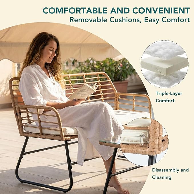 DUMOS Outdoor 4 Piece Patio Furniture Set, Wicker Patio Set with Thick Sandwich Structure Cushions, Deep Seating All-Weather Rattan Sofa and Functional Glass Table for Porch, Lawn, Brown