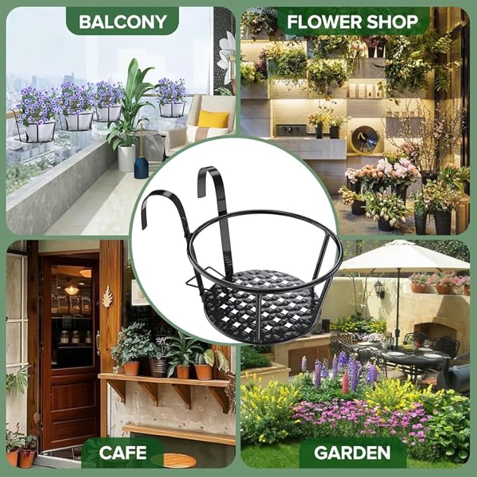 3PCS Railing Planter Holders, Compatible with 1"-2.08" Wide Railings | 3 PCS Railing Hanging Planter Holders, Round Balcony Metal Flower Pot Stand with Base, Easy for Hanging and Moving.